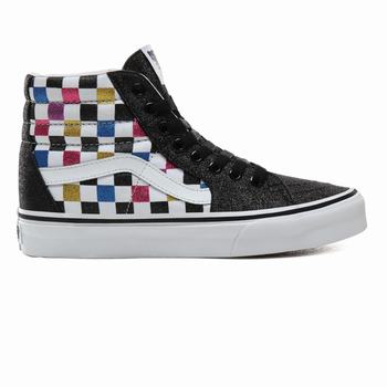 Vans Glitter Checkerboard Sk8-Hi - Naisten Korkeavartiset tennarit - Mustat/Valkoinen